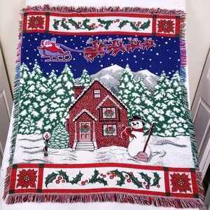 Christmas Santa Sleigh Snowman House Holiday Throw Blanket 48x54 Cozy Decor